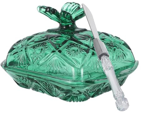 Hemobllo Mantequera de Vidrio con Tapa y Cuchillo Diseño Hermético para Conservar Mantequilla Soporte Decorativo para Mostrador para Pasteles Quesos y Celebraciones