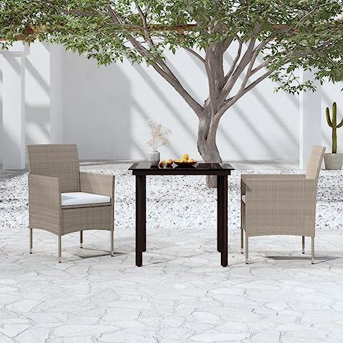 QJBSAVVA 3tlg. Balkonmöbel Set Beige Schwarz 80x80 cm, Gartenmöbel aus PE Rattan & Stahl, platzsparende Sitzgruppe Outdoor mit Glastisch für kleine Balkone Terrassen