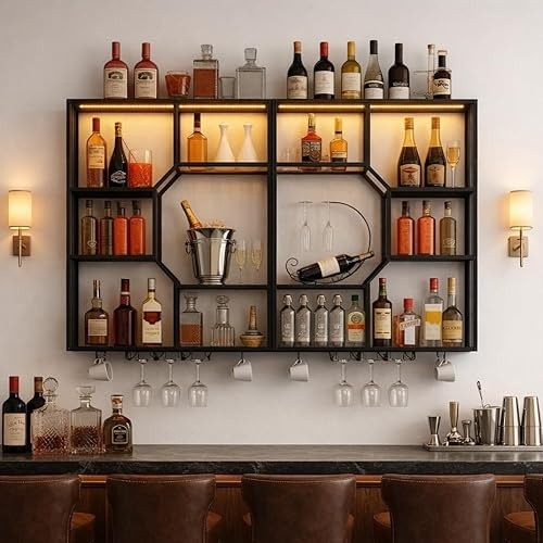 YOURLITE Weinregal Wand mit LED-Beleuchtung Metall,Bar Regal mit Glashalter,Wandmontage Wine Display-Ständer,3 Ebenen Weinregal,Beidseitig Montierbar,für Bars,Wohnzimmer,Restaurant,Schwarz,2P