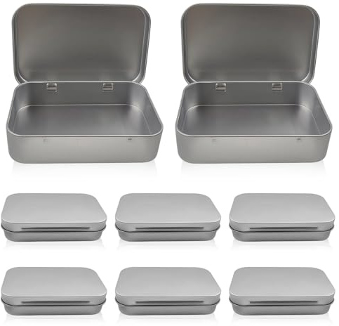 HIQU and HIST 8 Stycken Silvermetallburkar, Silvermetallburkar Plåtburkar Med Lock, Små Burkar Metalllåda, Rektangulär Miniförvaringslåda För Mynt, Godis, Nycklar, Små Föremål (9,5 x 6,0 x 2,2 Cm)