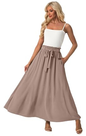 QIXING Women’s High Waist Flowy Long Maxi Skirt Boho Elastic Tie Waist with Pockets Summer Casual A-Line(Coffee Gray, L)