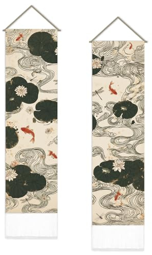 SUPERDANT 2 Piece Vertical Tapestry Set 130x33cm Long Wall Tapestry Hanging Colorful Koi Fish and Lotus Pond Chinese Style Fabric Wall Art for Living Room Bedroom Decor