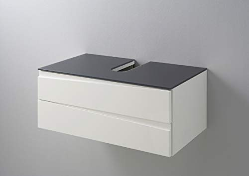 byLIVING Waschtisch Shape, 2 Schubladen gefräste Griffleiste, Korpus weiß | Moderne Bad Kommode, Front Hochglanz Weiß, Glasablage Grau, Schrank, 80 x 33 x 46 cm (BxHxT)