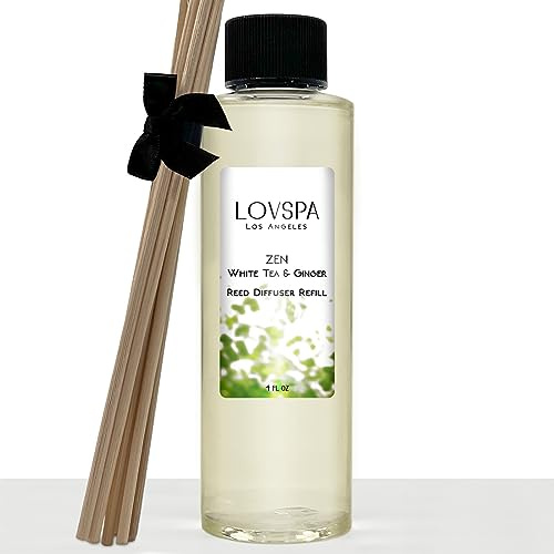 LOVSPA Zen vitt te och ingefära doftspridare olja påfyllning med ersättning doftpinnar | ljus citrusanteckningar, pioner, lavendel och pelargon, sandelträ och mysk