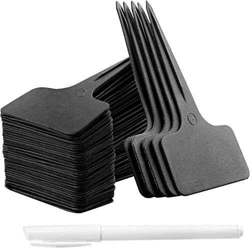 Whaline 100 Pcs Plant Labels Black T-Type Markers, Plastic Garden Tags 6 x10 cm with White Waterproof Pen