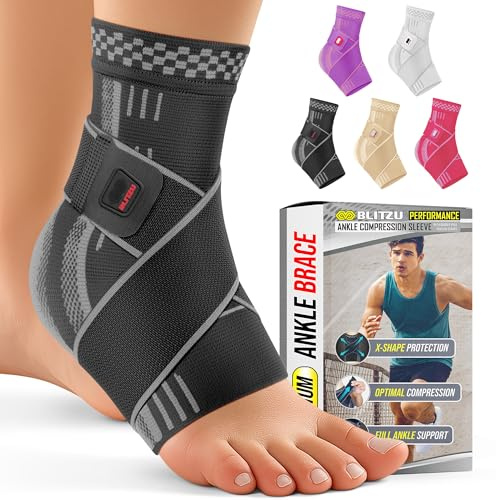 BLITZU Ankle Brace for Women, Men, Plantar Fasciitis Relief, Achilles Tendonitis Brace for Sprained Foot, Ankle Compression Sleeve with Strap Black M