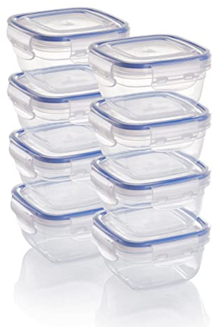 Grizzly set contenitori per alimenti in plastica, 8 contenitori con coperchio, quadrati, impilabili, lavabili nel microonde e in lavastoviglie
