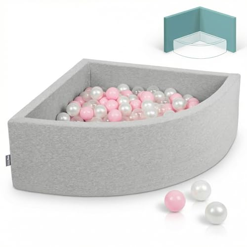 KiddyMoon Piscina de Bolas Cuarto de Esquina 90x30cm con 200 Bolas 7cm Piscina de Espuma para Bebé y Niño Pequeño - Grisclr Rosa Clr Perla Transparente