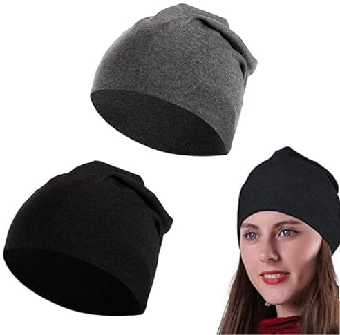 LYTIVAGEN 2 Stück Weiche Schlafmütze Unisex Slouch Beanie Mütze Atmungsaktiv Chemo Schlafmütze Nachtmütze Dünn Beanie Kopfbedeckung für Haarausfall, Krebs, Chemotherapie, Schwarz, Grau