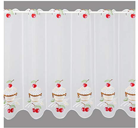 Scheibengardine Sommer-Genuss Vogtländische Spitze | Küchengardine kleine gestickte Kuchen & Kirschen | Moderner, halbdurchsichtiger Kurzstore für Küche & Esszimmer, Fenster-Dekoration HxB 60 x 64 cm