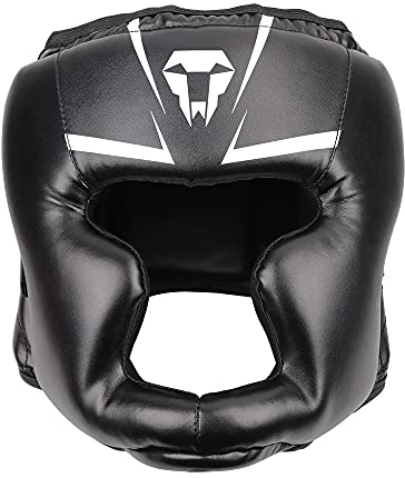 LangRay Boxen Kopfschutz für Erwachsene, Leder Boxhelm Thaiboxen Gesichtsschutz Hoher Schlagdämpfung mit Perfekter Sicht und Gute Schweißaufnahme für Kampfsport MMA Boxen Kickboxen Sparring,Schwarz,L