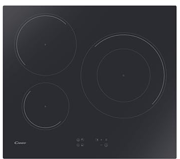 Candy CI633C/E1, Placa Inducción, 3 Zonas, 60CM, 9 Niveles de Potencia, 7,2KW, Mandos Centrales, Temporizador, Bloqueo de Seguridad, Indicador de Calor, Alerta Sobrecalentamiento y Derrames, Negro