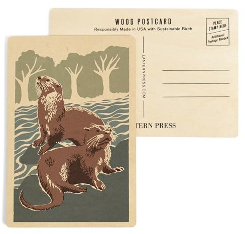 River Otters, Woodblock Print (4x6 Birch Wood Postcards, 2-Pack Stationary, Rustic Home Wall Decor)