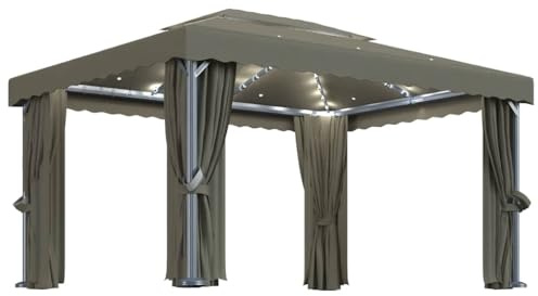 vidaXL Tonnelle avec Rideau et Guirlande Lumineuse à LED Belvédère de Jardin Pavillon d'Extérieur Tente de Réception Chapiteau Barbecue 4x3 m Taupe
