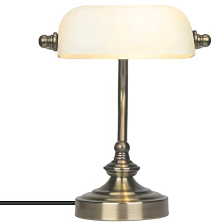 FIRVRE Lámpara de escritorio de banquero de vidrio Tradicional europea Acabado de bronce clásico Enchufe de base G9 Lámpara de mesa vintage para oficina Biblioteca Sala de estudio Dormitorio (Blanco)