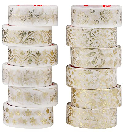 WSHI TAPE SET - 12 Rollen Weiße Goldfolien Klebeband Dekoratives Klebeband für Scrapbooks und Dekoration, 15mm x 2m