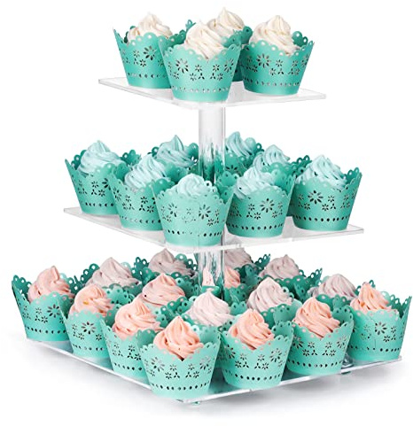 CECOLIC Cupcake Ständer 3 Etagen Quadratisch Cupcake Halter, Transparenter Acryl Cup Kuchen Ausstellungsständer, Dessert Gebäckturm für Hochzeit, Geburtstag, Party Dekoration (Quadratisch – 25,4cm)