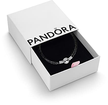 PANDORA Moments Women's Sterling Silver and Leather Black Leather Bracelet for Charms, Size 35, With Gift Box