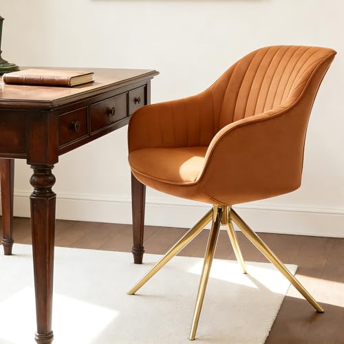 Zouron Chaise de Salle à Manger (avec Coussin épais), Chaise de Bureau pivotante sans roulettes (360°), Fauteuil de Salon (Ergonomique),Lot de 1,Orange（Velours+Metal）
