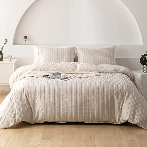 Nyescasa Boho Bettwäsche 200x220 cm Beige Gestreift Streifen Getuftet Wendebettwäsche Set Mädchen Bohemian Mikrofaser Bettbezug mit Reißverschluss und 2 Kissenbezug 80x80 cm