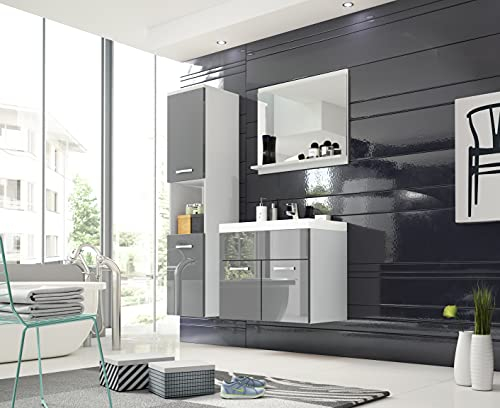 MINIO go for it - 3-Teilig Badmöbel Set Monal I Hängeschrank I Spiegel mit Regal I Schrank mit Waschbecken I Laminierte Spannplatte I Griffe und Beschläge aus Metall I Weiß Matt und Grau Hochglanz