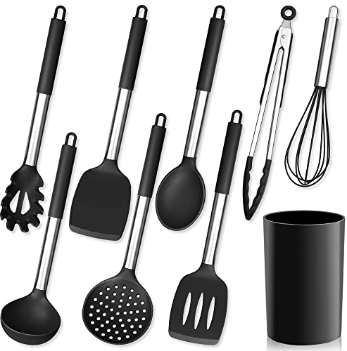 Herogo Juego de utensilios de cocina, 9 unidades, de silicona, con soporte para utensilios, color negro, espátula con mango de acero inoxidable, resistente al calor y antiadherente