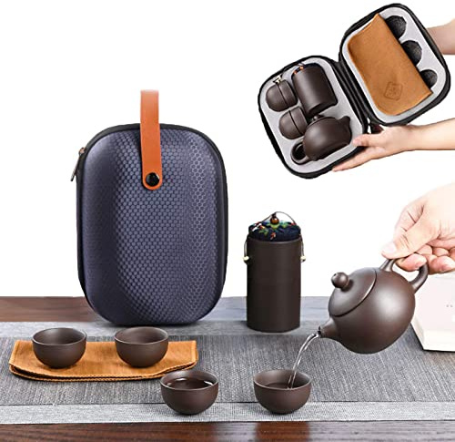 Set da tè da viaggio in ceramica cinese Kung Fu giapponese viola argilla set tradizionale fatta a mano, contenitore per il tè, 4 tazze da tè, tappetino da tè e borsa da viaggio portatile (set da tè)
