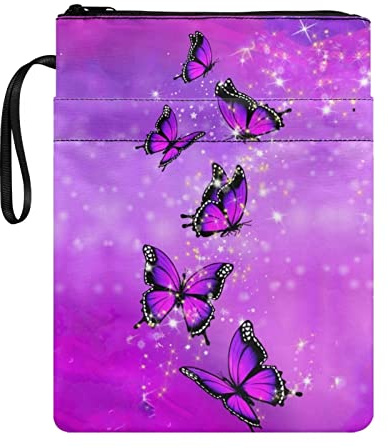 Poceacles Strapazierfähige Buchhüllen für Hardcover, Schulschutztasche, mit Reißverschluss, Motiv: Schmetterlinge und Schmetterlinge, Violett