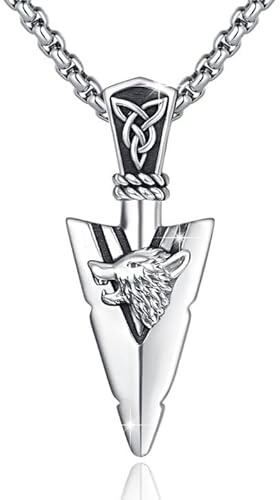 ZIPPICE Pfeilspitze Kette 925 Sterling Silber Keltische Kette Herren Wölfe Anhänger Pfeil Halskette Keltische Schmuck für Herren Sohn Teenager Damen Geschenke