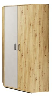 Mirjan24 Eckkleiderschrank 2D Qubic QB01, Drehtürenschrank mit 10 Fächer und 2 Kleiderstangen, Kleiderschrank für Jugendzimmer und Kinderzimmer, Eckschrank (Artisan Eiche + Silk Flou)