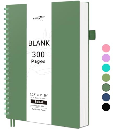 RETTACY Blanko-Notizbuch, A4, blanko, 120 g/m², mit 300 Seiten/150 Blatt zum Zeichnen, Kunststoff-PVC-Hardcover, zum Schreiben von Frauen und Männern, Schule, 21,5 x 27,9 cm, Dunkelgrün