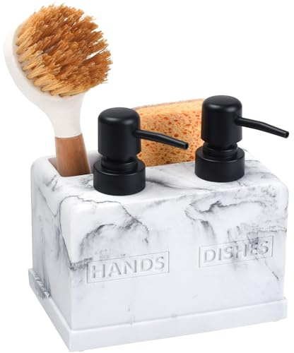 Hand and Dish Soap Dispenser Set, Dual Soap Dispenser with Sponge Caddy and Brush Holder 4-in-1 Countertop Organizer for Kitchen Bathroom, Useful Kitchen Gadgets - White Marble Look
