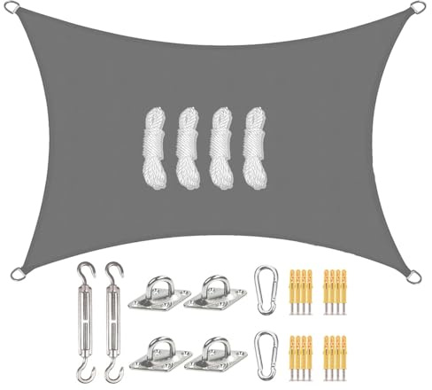 Sunal Sonnensegel Rechteckig 2x3m mit Befestigung Set,PES Polyester Wasserdicht,inkl Befestigungsseile,Für Sonnenschutz auf Balkonen,Gärten und Terrassen,Grau