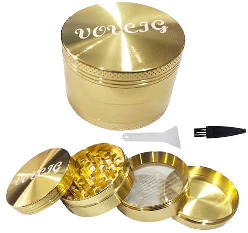VOVCIG 2.5 Inches Premium Herb Grinder-4 Piece Large Zinc Alloy Spice Grinder with Pollen Catcher,Comes with Pollen Scraper and Cleaning Brush,Gold（63mm）