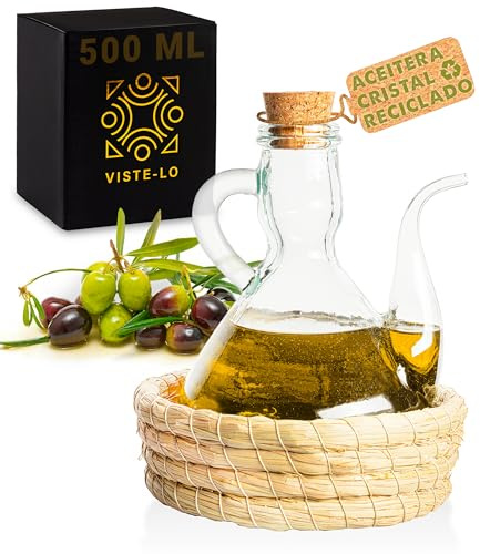 Oliera vetro semi-artigianale dispenser olio bottiglia olio vetro oliva salvagoccia olio contenitore porta olio || Bottiglie dosatore olio | dispenser olio da cucina oliera da tavola (500 ML CESTINO)