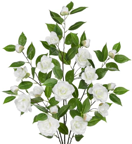 Oairse 3 pcs Artificial Camellia Flowers 35.4 Real Touch Silk Flower Stems for Vase White Faux Flower Branche Realistic Floral Arrangement for Home Office Party Centerpiece Wedding Decor