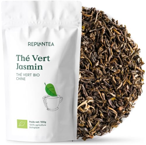 THÉ VERT JASMIN BIO 100g (50 Tasses) | Thé Vert au Jasmin en Vrac de Chine REPLANTEA