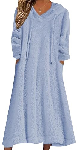 ZICUE Donna Autunno Inverno Fuzzy Fleece con Cappuccio Abito Lungo Plus Size Sherpa Camicia da Notte A Maniche Lunghe con Tasche