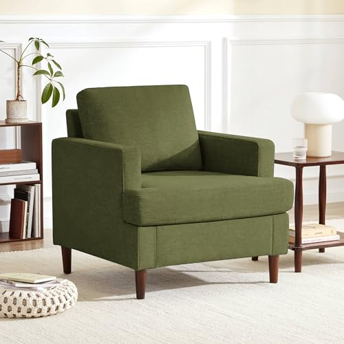 Weture Mid-Century Accent Chair,Modern Linen Fabric Armchair for Living Room,Comfy Upholstered Reading Accent Chairs for Bedroom,Single Sofa Chair with Wood Legs (Green, 1 Pack)
