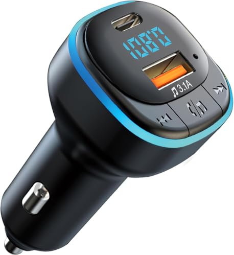 Trasmettitore FM Bluetooth 5.0 per Auto, Kit Vivavoce Telefono, MP3 Audio Radio per Auto Porta 3.1A USB Tpye C Ricarica, Adattatore Accendisigari per Auto Supporto Disco U, Luce LED Blu Sfumata