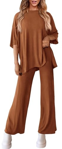 DONYKARRY 2 stycken damdräkter casual kortärmad pullover toppar och byxor med vida ben salong set träningsoveraller, Kaffe, M