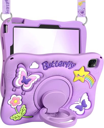 Kidcube Funda para iPad Air de 11 pulgadas, funda Air de 5ª/4ª generación, fundas Pro de 11 pulgadas de 4ª/3ª/2ª/1ª – Funda para niñas con diseño de mariposa morada 3D con soporte giratorio y correa