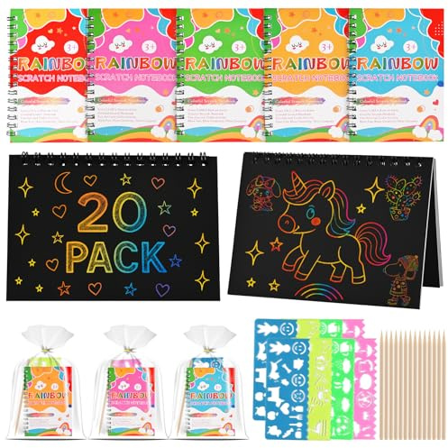 Tigvio 20 Libri Scratch Art Bambini Kit Disegno, Fogli Arcobaleno da Grattare Lavoretti Creativi con 20 Matite e 20 Stencil Scratch Sacchetti Regalo Gadget per Regalini Fine Festa Compleanno Bambini