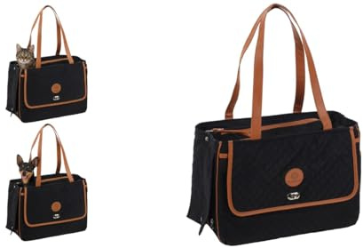 Hundetasche - Tragetasche Noenie Schwarz – 41x20x28cm – Polyester – Öffnungen Oben/seitlich – Belüftungsnetz – 3 Taschen – Rollklappe – Boden abnehmbar – Sicherheitsleine
