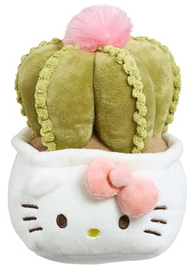 Hello Kitty Plants Plush, 20cm Pink Ribbon Cactus Soft Toy, Cute Hello Kitty in Green Cactus Outfit with Pink Bow, Official Licensed Plush Collectable, Suitable for Ages 4+