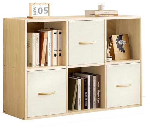 EXPERLAM 6 Cube Storage Organizer, Solid Wood Bookshelf, 3 Fabric Bins | Open cubbies with 2 removable back panels and vertical or horizontal placement in bedrooms, living rooms and offices
