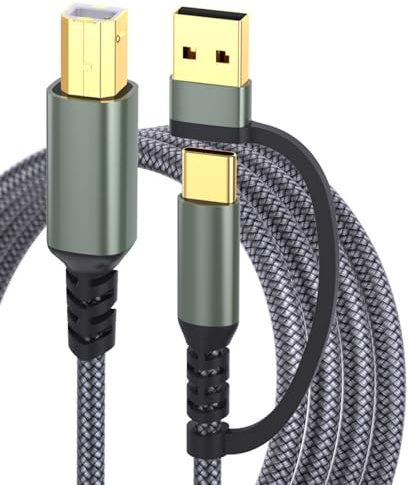 Gramigg Cable de impresora trenzado extra largo USB A C a USB B 2 en 1, conexión de velocidad rápida para impresoras y portátiles, cable de impresora USB largo con conectores chapados en oro