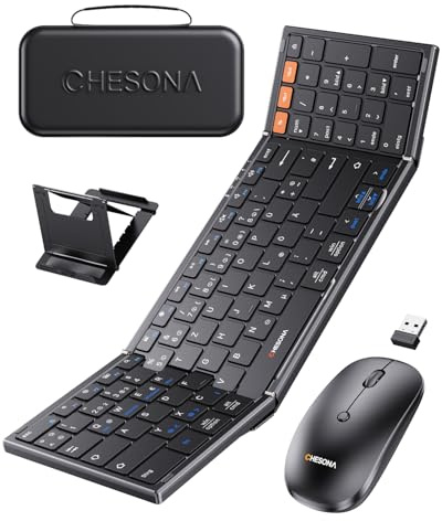 Chesona Faltbare Tastatur und Maus Sets – Ultra Slim 600g | 2,4 G + Dual-Bluetooth, kompakte kabellose Tastatur mit Ständer, Tragbar für Business/Reisen mit Hülle – Win/Mac/iOS/Android