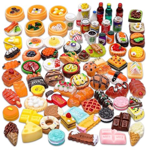 80 Stück Miniatur Essen und Trinken Haus Küche Wichtel Puppenhaus Zubehör Mini Essen Spielzeug Mini-Küchen für die Dekoration Puppenhäusern Handytaschen Fotorahmen