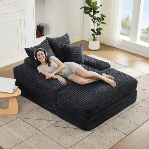 DEKKETO Cord Oversize Cloud Couch Sofa mit 4 Kissen, ohne Montage, Grau | 26 cm breite Armlehnen, einteiliger Schaumstoff, 175 x137x63 cm, 225 kg Tragkraft, Schlafcouch für Wohnzimmer, Gästezimmer